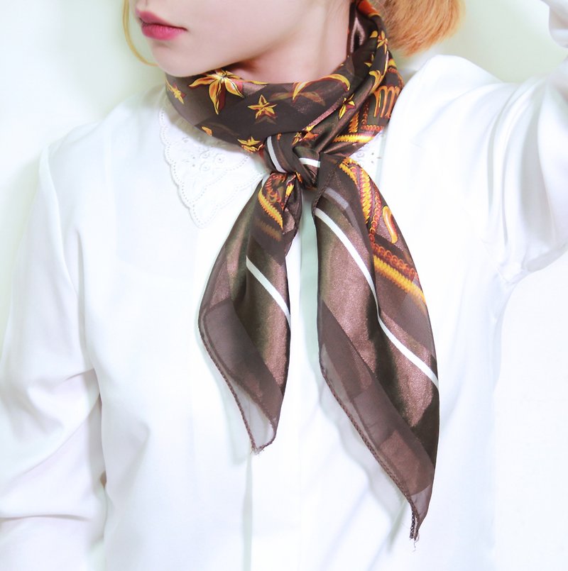 Back to Green::古典丝质丝巾 半透明咖啡星象 vintage scarf (SC-10) - 丝巾 - 丝．绢 咖啡色