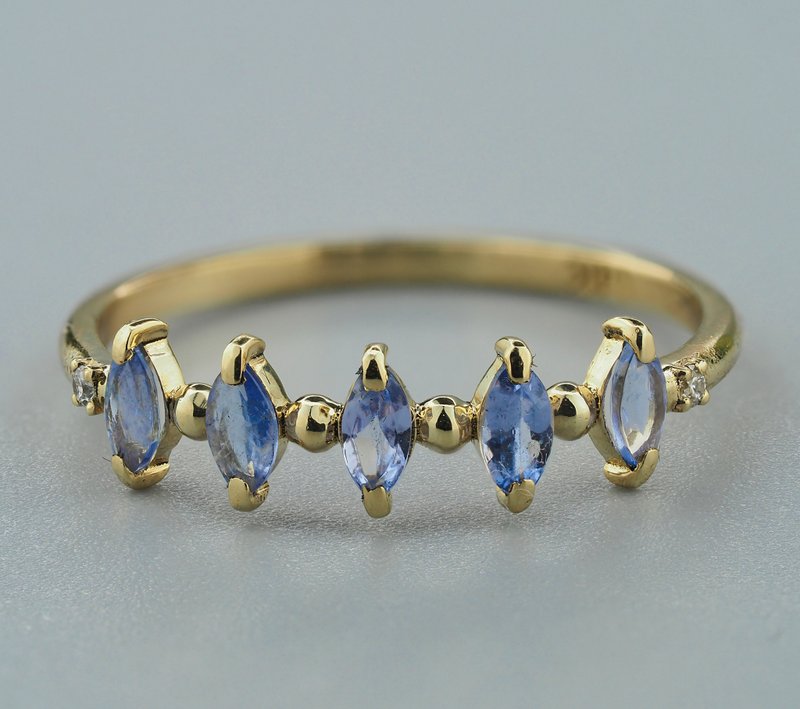 Half Eternity ring with marquise tanzanite and diamonds - 戒指 - 贵金属 金色