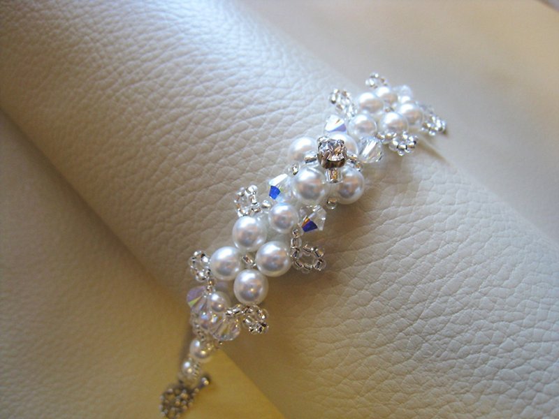 丝质珍珠 & 施华洛世奇水晶手链 / JAB : 白色 - 手链/手环 - 珍珠 白色