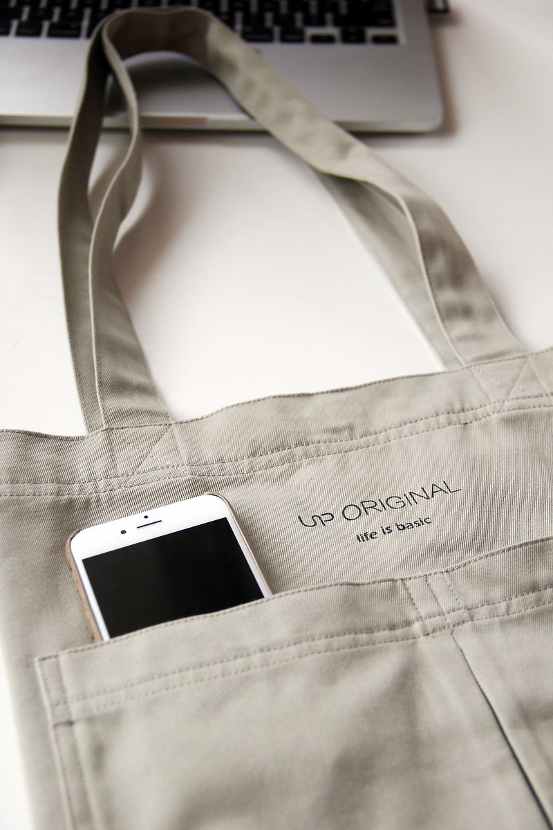 khaki classic tote bag 经典单肩包（卡其色） - 侧背包/斜挎包 - 棉．麻 金色