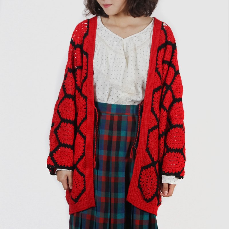 【蛋植物古着】吉羽新春针织古着和服羽织 - 女装休闲/机能外套 - 羊毛 红色