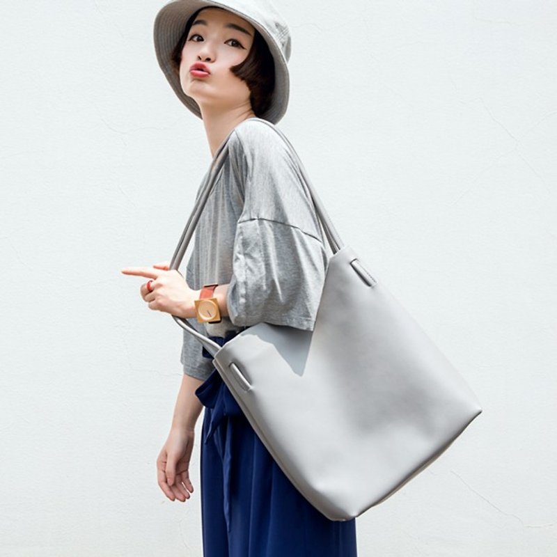 灰色 大容量真皮托特包购物包 极简百搭风格实用二层牛皮购物袋 - 侧背包/斜挎包 - 真皮 灰色