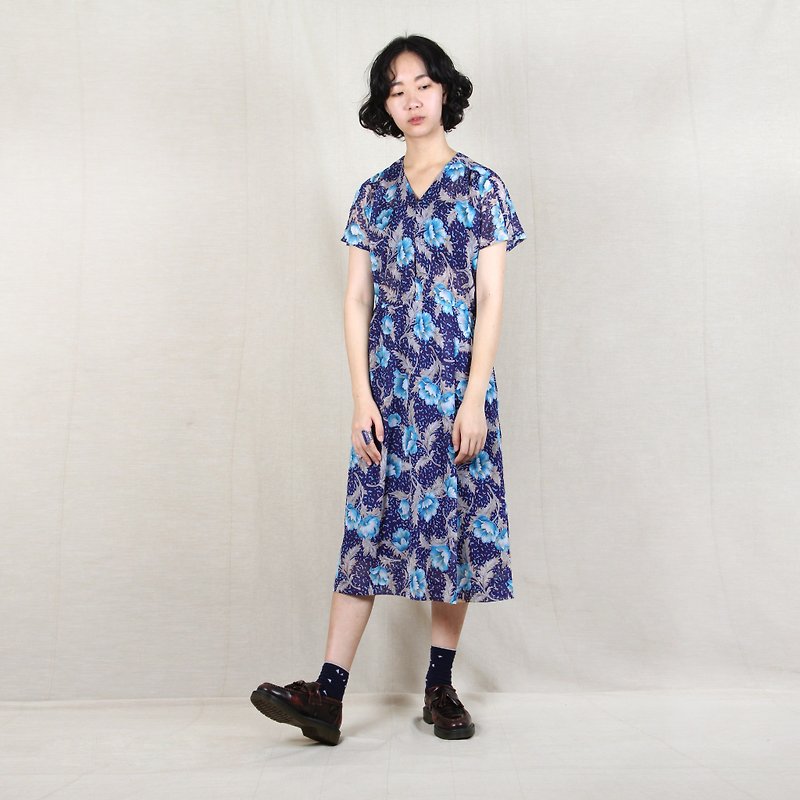 【蛋植物古着】水阳牡丹印花袖古着洋装 - 洋装/连衣裙 - 聚酯纤维 蓝色