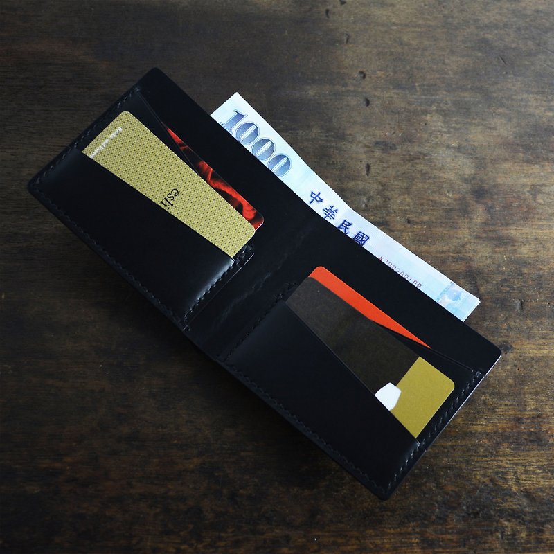 意大利协会认证植鞣革黑色手缝经典短夹-4卡层 - 皮夹/钱包 - 真皮 黑色