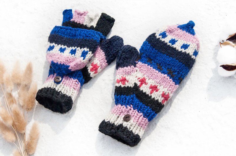 手织纯羊毛针织手套/可拆卸手套/内刷毛手套/保暖手套-南美洲色彩 - 手套 - 羊毛 多色