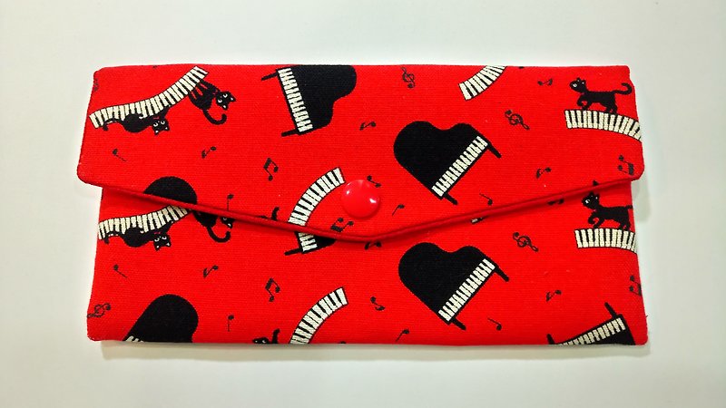 招财双层红包袋/存折收纳袋 (12钢琴小黑猫) - 皮夹/钱包 - 棉．麻 红色