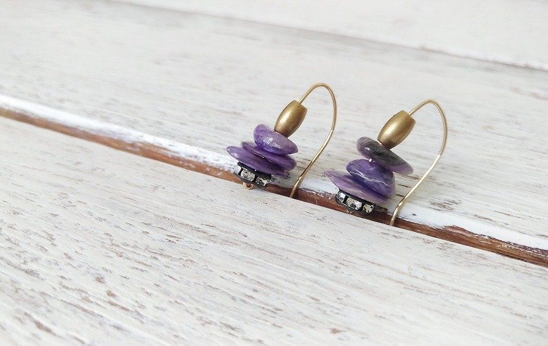 紫龙晶石碎片14KGF耳环/  Charoite beads with 14KGF earring - 耳环/耳夹 - 宝石 紫色