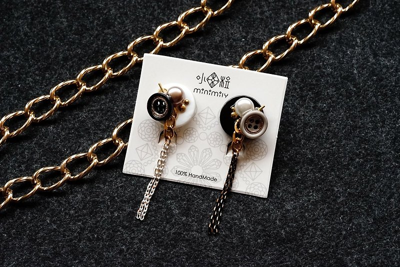 法式甜点 - 珍珠链条黑白不对称耳环 (医疗级抗敏钢针 / 耳夹) - 耳环/耳夹 - 不锈钢 黑色