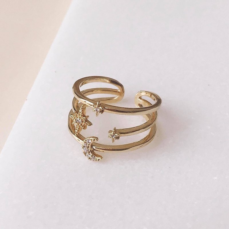 ALYSSA & JAMES 月亮系列 繁星月亮 锆石开口戒指 - 戒指 - 半宝石 金色