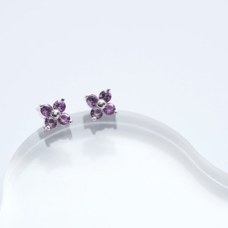 amethyst 紫 フラワー ピアス シルバー925 - 耳环/耳夹 - 其他金属 紫色