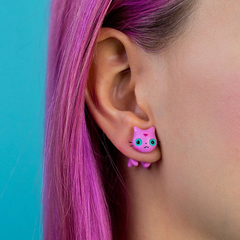 Pink Cat Earrings - Polymer Clay Cat Earrinngs, Fake Gauge / Fake Plug - 耳环/耳夹 - 粘土 粉红色