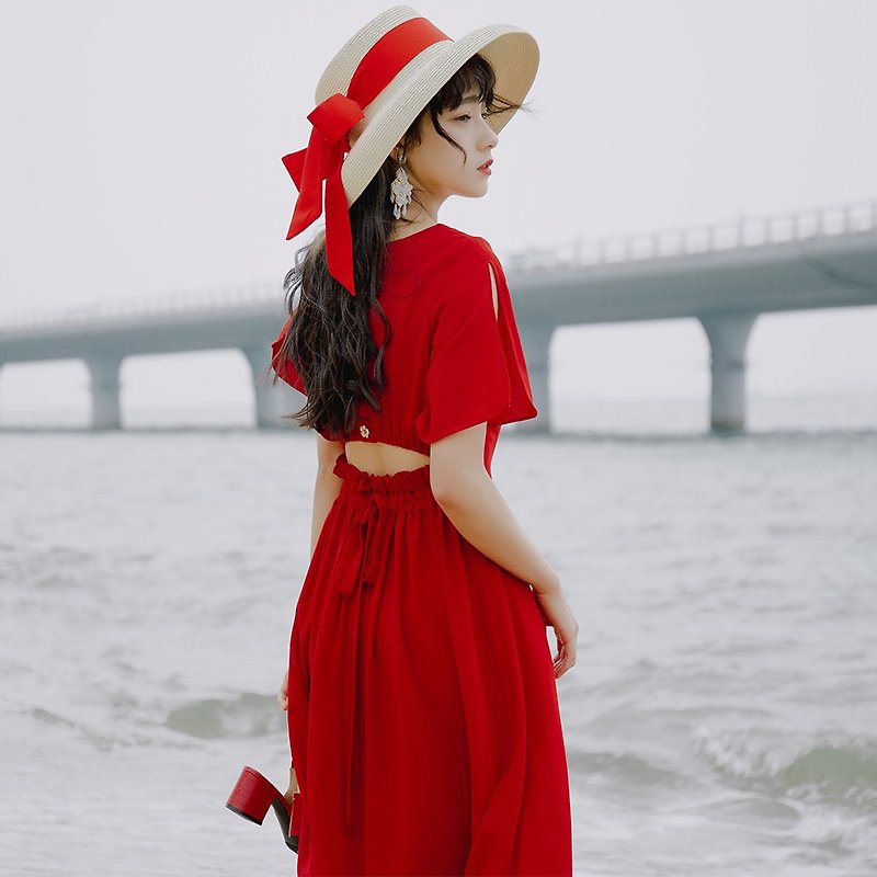 【多件多折】2019女装夏季穿搭 后背镂空系带连身裙洋装9307 - 洋装/连衣裙 - 聚酯纤维 红色