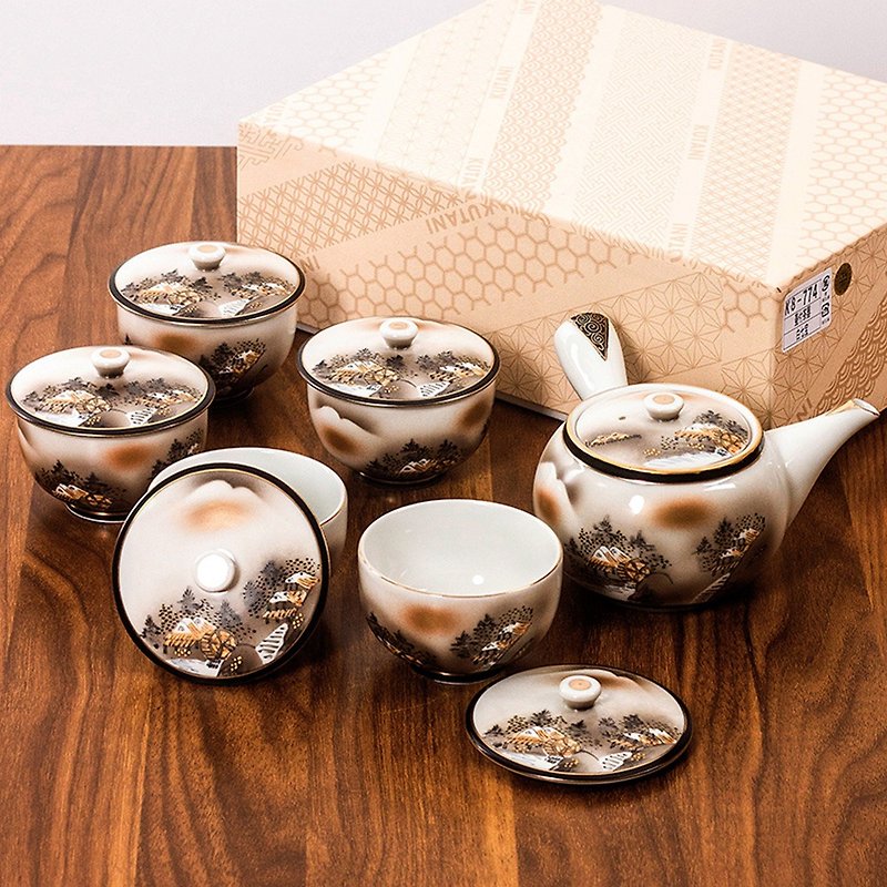 日本进口九谷烧手工侧把泡茶壶金墨山水带盖茶具套装一壶五杯礼盒 - 茶具/茶杯 - 瓷 
