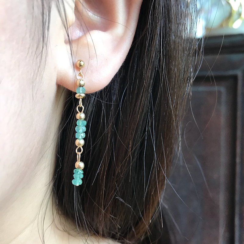 Emerald gift。拈翠-天然赞比亚祖母绿美国14K注金耳针式耳环 - 耳环/耳夹 - 宝石 金色
