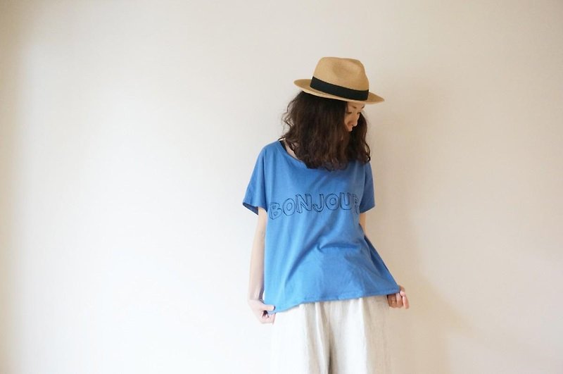 Cotton BONJOUR T-shirt - 女装上衣 - 棉．麻 