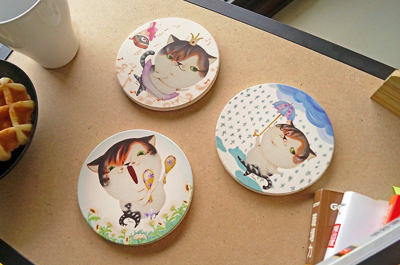 Kiyumi快乐猫环保陶瓷吸水杯垫(森巴扭扭/雨中漫步/优雅芭蕾) - 杯垫 - 陶 粉红色