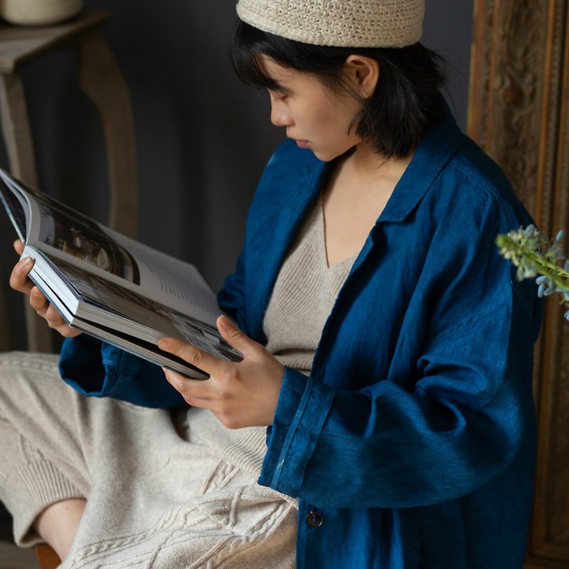靛藍色 一切如初 春夏長款亞麻複古工裝外套 Kimono日式開衫 - 女装休闲/机能外套 - 棉．麻 蓝色