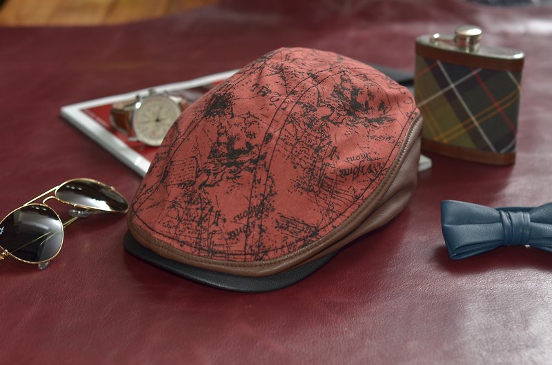 狩猎帽 MAJORLIN 羊皮拼接扁帽 红色地图 复古鸭舌帽 - 帽子 - 棉．麻 红色