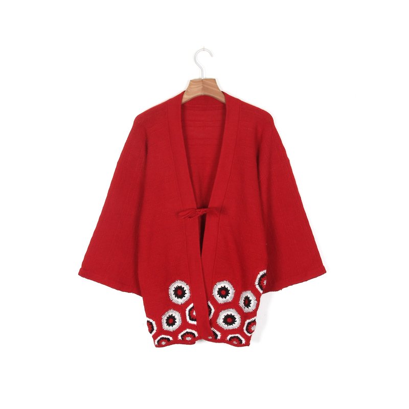 【蛋植物古着】洋红花球针织古着和服羽织外套 - 女装休闲/机能外套 - 羊毛 红色