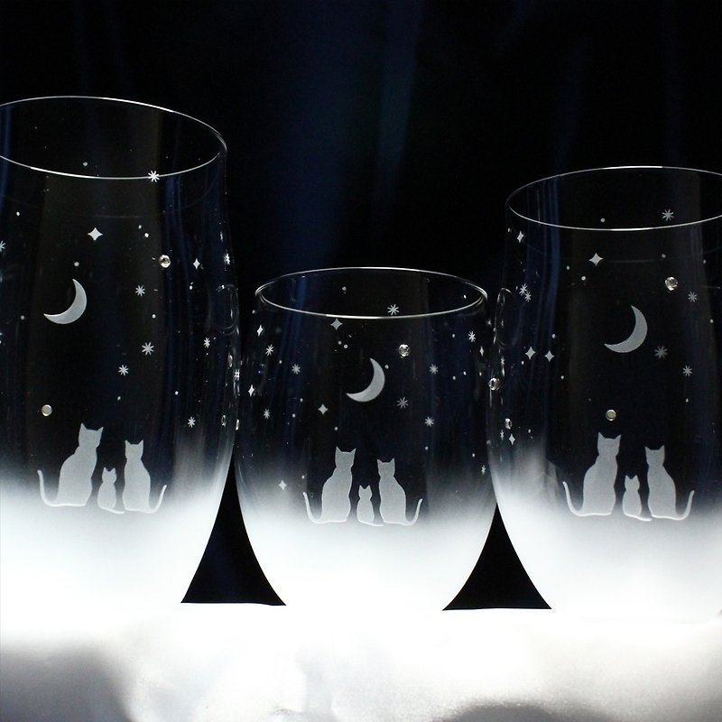 家族でみる三日月の夜空   猫モチーフのグラス　親子グラスセット  名入れ加工対応品(別売りオプション) - 杯子 - 玻璃 透明