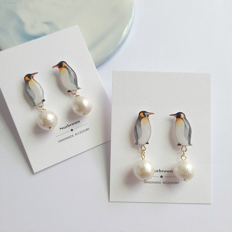鸟儿系列-国王企鹅 棉珍珠耳环/耳夹 - 耳环/耳夹 - 树脂 白色