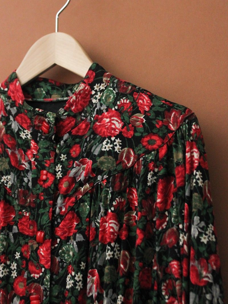  复古秋冬红色花朵碎花厚长袖古着洋装 Vintage Dress - 洋装/连衣裙 - 聚酯纤维 红色
