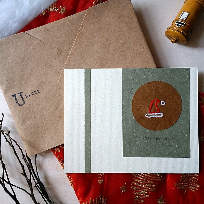 手缝图像圣诞卡(圣诞帽)(原稿) - 卡片/明信片 - 纸 多色