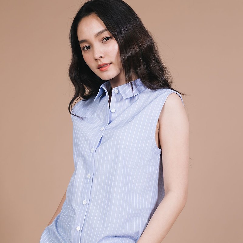 PREMIUM // blue stripe // women sleeveless - 女装上衣 - 棉．麻 蓝色