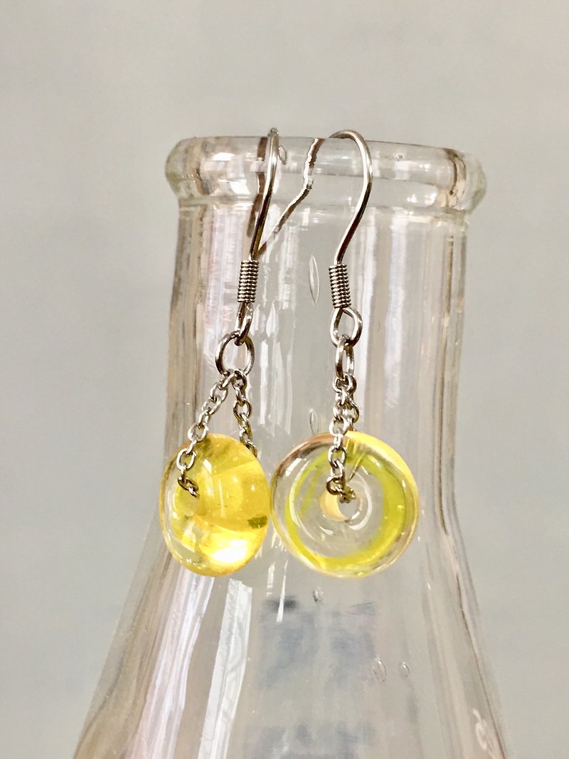 纯色系列-鲜黄透明琉璃珠耳环 - 耳环/耳夹 - 玻璃 黄色