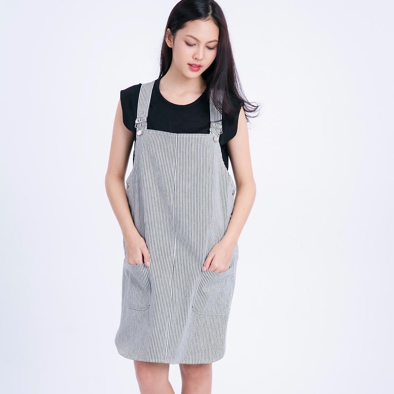 Overall Skirt Stripe Black and White - 背带裤/连体裤 - 其他材质 白色