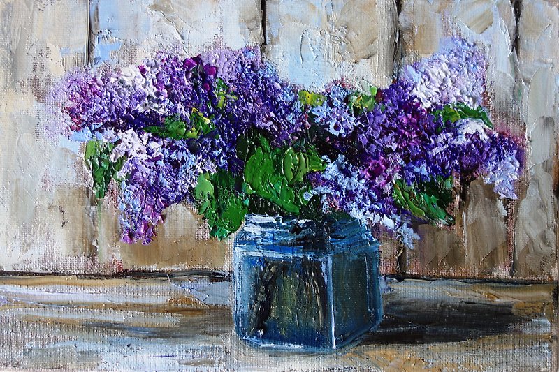 Lilac Painting Oil Flowers Original Art 油畫原作 Floral Artwork Canvas Art - 海报/装饰画/版画 - 颜料 粉红色