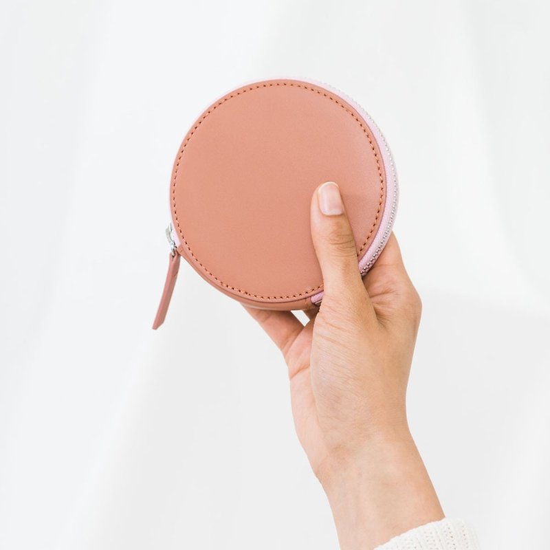 【真皮系列】BAGGU 时尚圆型钱包- 时尚土色 - 零钱包 - 真皮 粉红色