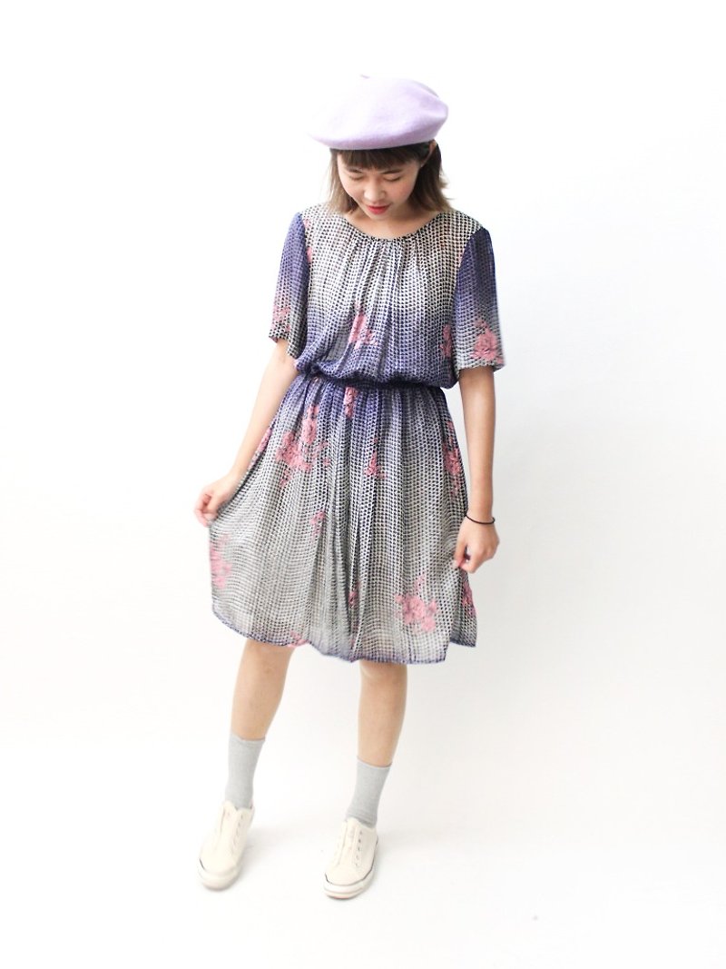 【RE0503D1129】复古几何花朵印花短袖春夏古着洋装 - 洋装/连衣裙 - 聚酯纤维 紫色