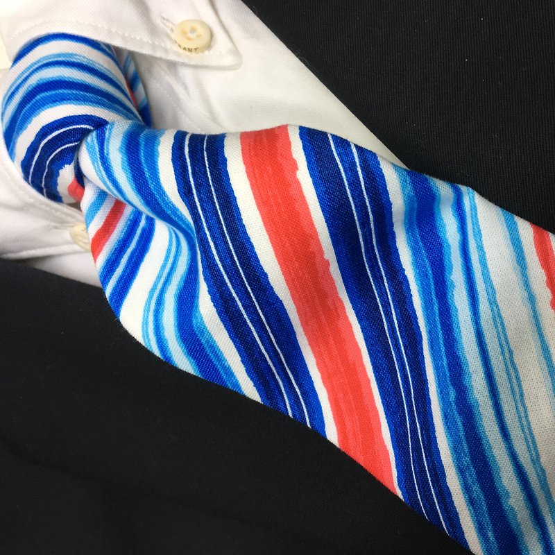Watercolor painting regimental tie blue&red necktie - 领带/领带夹 - 棉．麻 蓝色