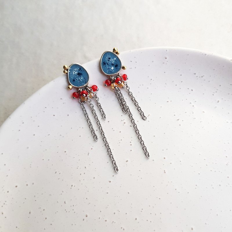 Long enamel earrings with glass beads and chains, 12 colors - 耳环/耳夹 - 珐琅 蓝色