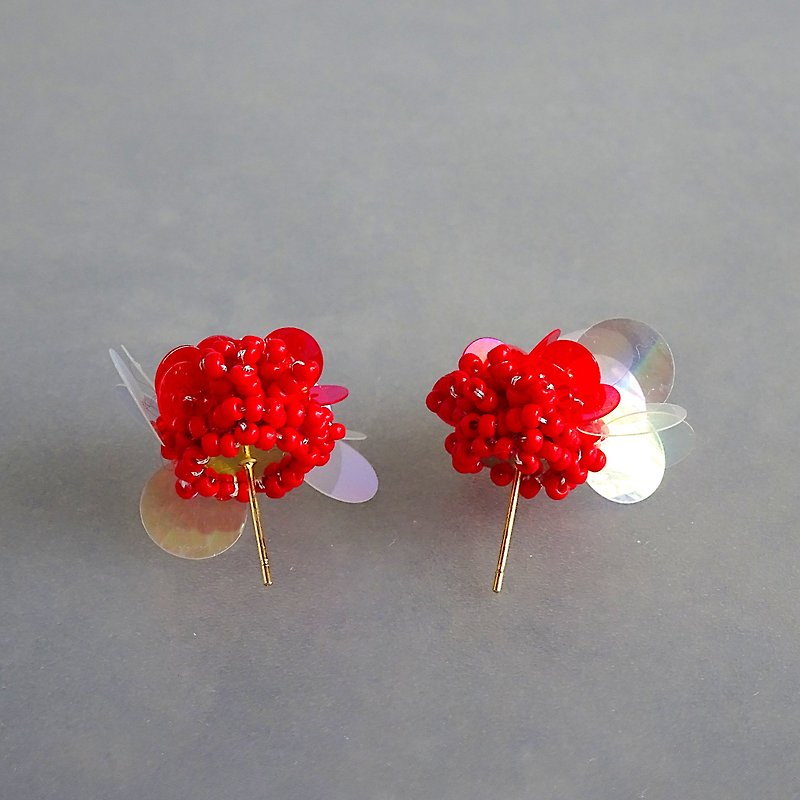 【ピアス】 つぶつぶ　pierced earrings - 耳环/耳夹 - 绣线 红色
