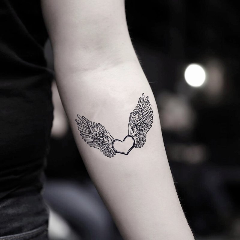 OhMyTat 心与天使的翅膀 Heart with Angel Wings 纹身贴纸 (2张) - 纹身贴 - 纸 黑色
