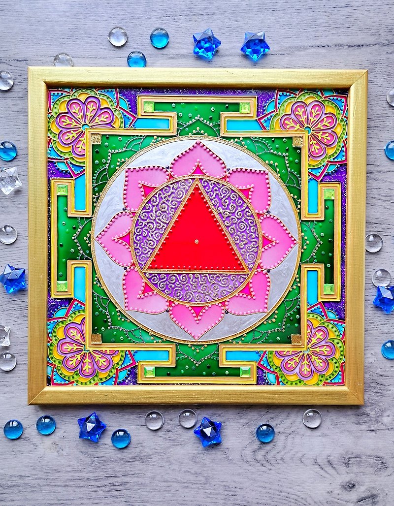塔拉yantra吠陀占星术Jyotish坦陀罗神圣几何彩色玻璃曼陀罗 - 墙贴/壁贴 - 玻璃 粉红色