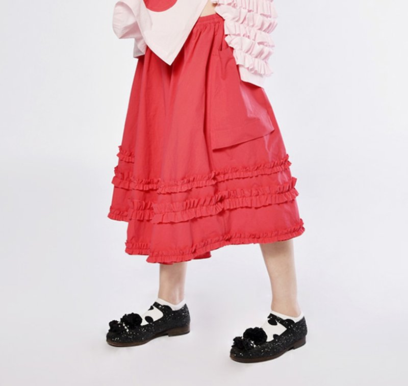 花边大裙摆红色半身裙 及膝裙 - imakokoni - 裙子 - 棉．麻 粉红色