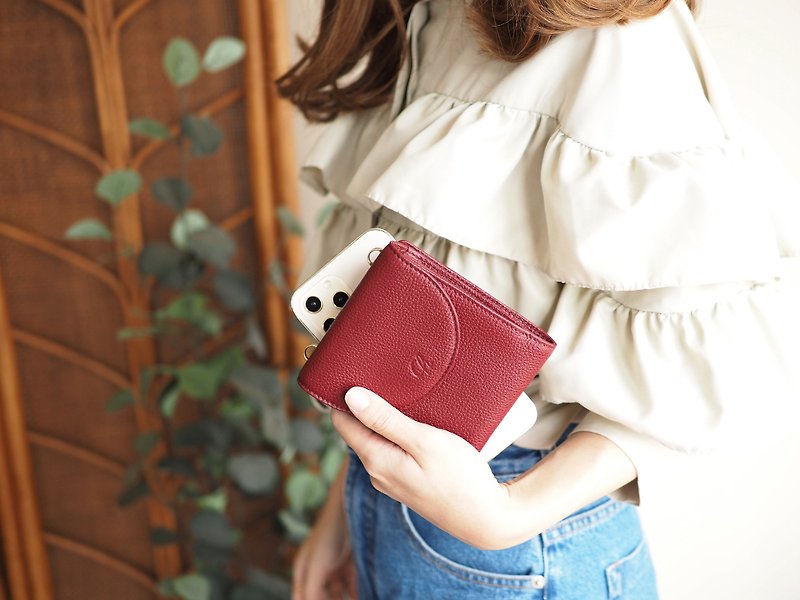 Tart (Burgundy) : Short wallet, Cow leather, Wallet with long strap, Dark red - 皮夹/钱包 - 真皮 红色