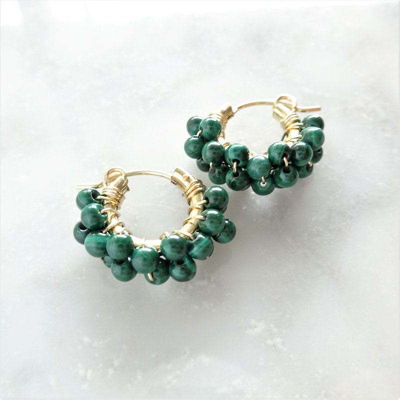 14kgf*Malachite wrapped pierced earring / earring - 耳环/耳夹 - 宝石 绿色