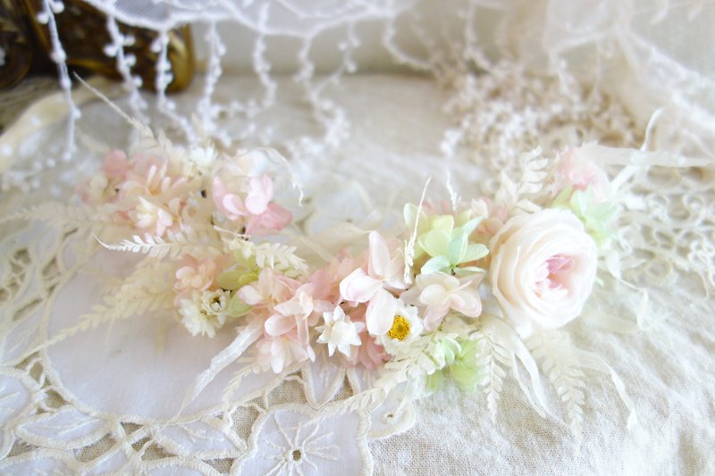 婚礼花饰系列~粉绿不凋玫瑰绣球花排 - 发饰 - 植物．花 粉红色