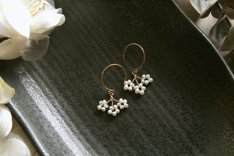 珍珠耳环 可改夹式 树枝花朵 手工绕线 ~五月雪 - 耳环/耳夹 - 珍珠 白色