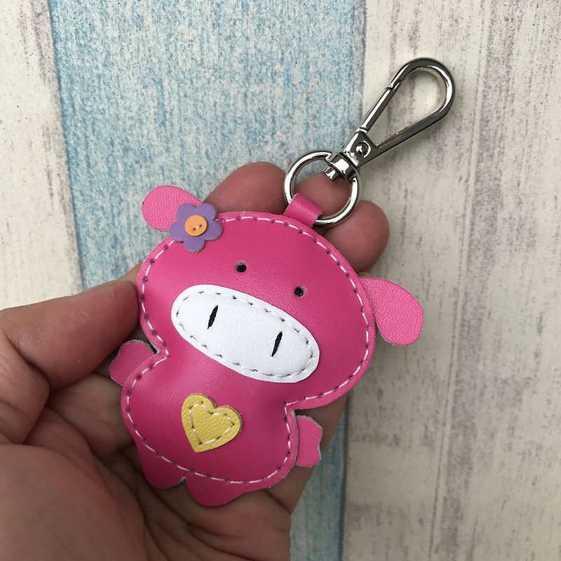 疗愈小物 桃红色 可爱 小猪 纯手工缝制 钥匙扣 小尺寸 - 钥匙链/钥匙包 - 真皮 粉红色