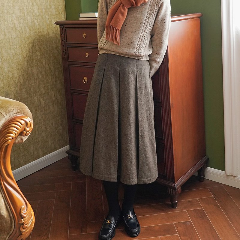 棕色人字纹松紧高腰半裙|裙子|冬款|羊毛混纺|Sora-646 - 裙子 - 羊毛 