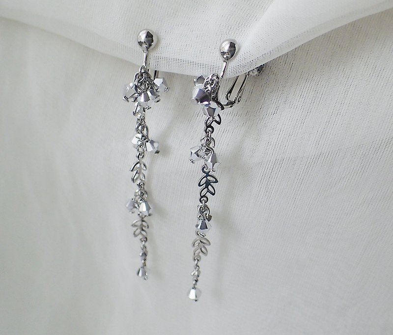 花草风　 施华洛世奇元素　夹式 耳环 (一对) - 耳环/耳夹 - 玻璃 银色