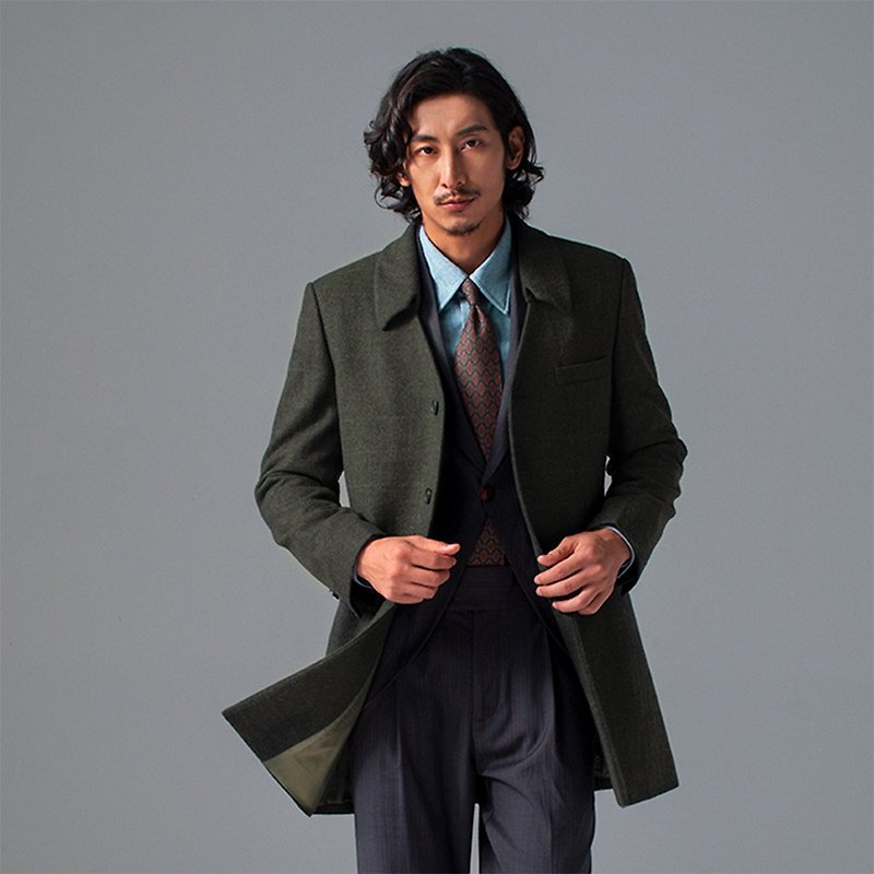 SOARIN英伦复古保暖羊毛翻领格纹修身大衣外套 - 墨绿 (213DY403) - 男装外套 - 羊毛 绿色