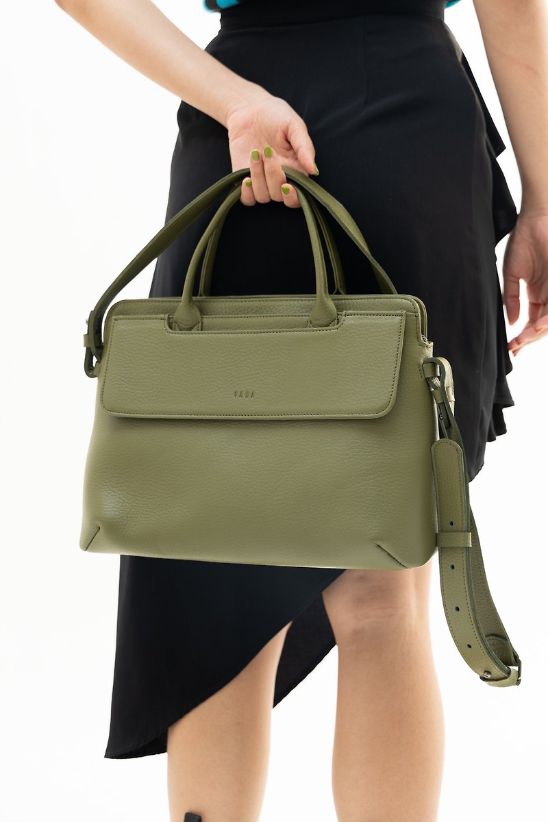 按扣尺寸 35：橄榄绿皮革 - 手提包/手提袋 - 真皮 绿色