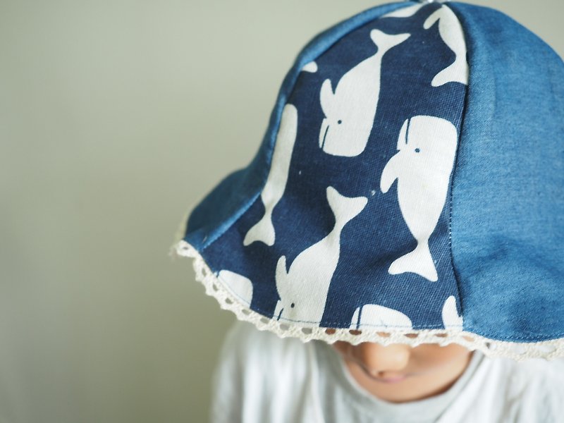 深蓝色抹香鲸图案婴儿小孩棉麻帽子 - 围嘴/口水巾 - 棉．麻 蓝色