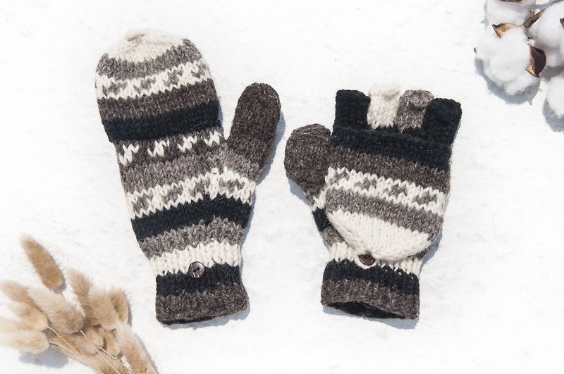 手织纯羊毛针织手套/可拆卸手套/内刷毛手套/保暖手套-南美洲咖啡 - 手套 - 羊毛 咖啡色